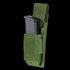 The Condor Single Pistol Mag Pouch in MultiCam Black securely holds a magazine, partially inserted and fastened by a Velcro flap, ideal for tactical use.